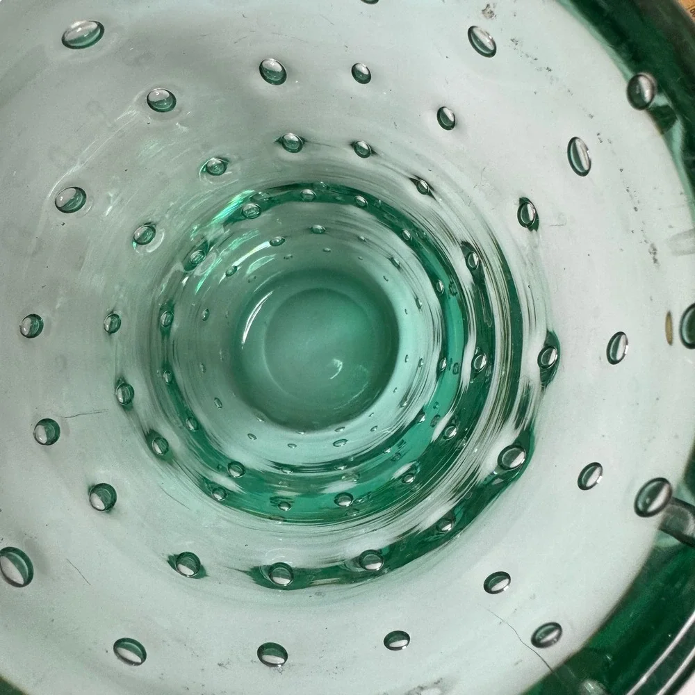 Vintage Green Hand Blown Bubble Glass Vase Heavy Bullicante Art Glass 6